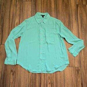 Forever 21 Teal Mint Green Studded Button Down Shirt Roll Tab Collared Blouse M